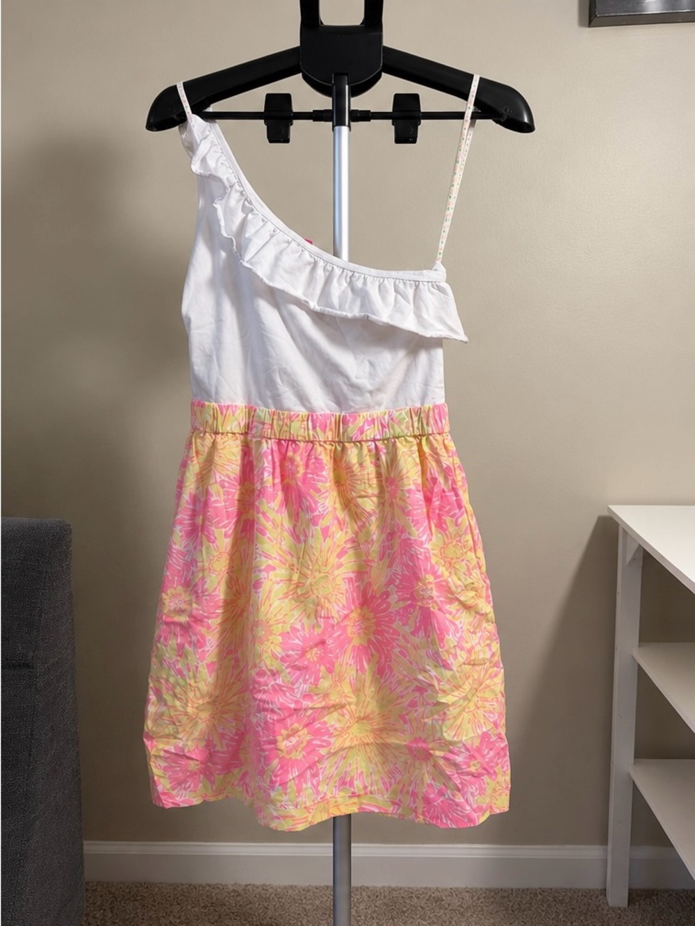 Lilly Pulitzer One Shoulder Ruffle Floral Mini Dress Pink Yellow M